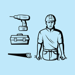 Skilled handyman ready for work with his tools including a drill toolbox saw wrench and hammer on a light blue background showing expertise and craftsmanship