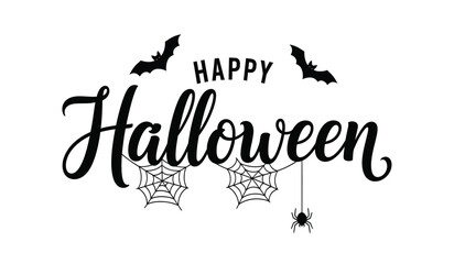 Happy halloween hand-lettered typography with bats spiderwebs and hanging spider festive graphic design for spooky season celebrations isolated on white background