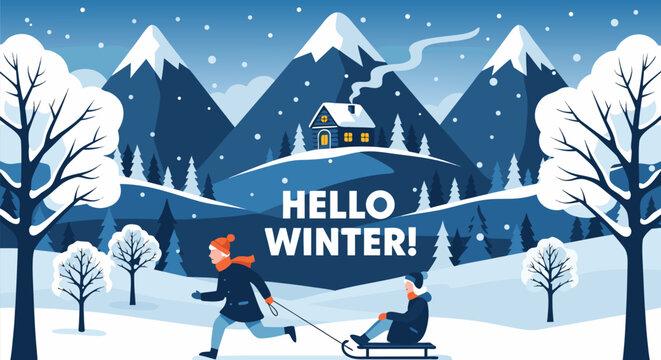 Embrace the season with a cozy winter scene, featuring playful sledding down snow-covered hills towards a charming cabin under majestic mountains
