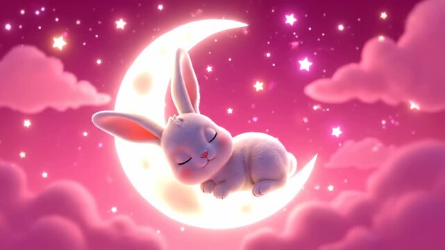 A cute white baby rabbit sleeps peacefully on a glowing crescent moon surrounded by pink clouds and sparkling stars in a magical and dreamy night sky  