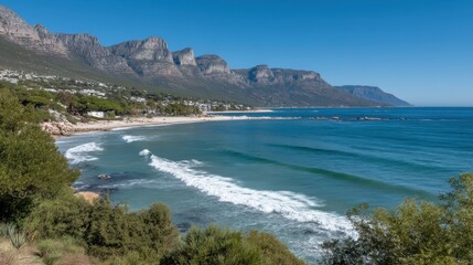 Fototapeta premium Scenic coastal view with waves and mountains cape town landscape photography bright day panoramic perspective