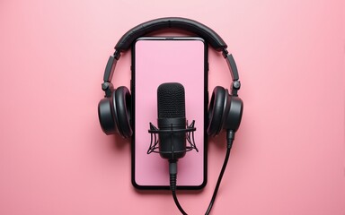 Podcast music. Mobile smartphone screen with podcast application, sound headphones. Audio voice with radio microphone on pink background. Broadcast media music banner with copy space. High quality
