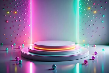 White pedestal with neon lights and colorful balls