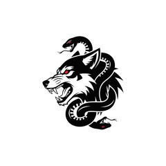 Fierce wolf head snarling with a serpent wrapped around, both with red eyes, black and white.
