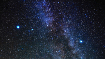 Milky way stars and constellations with a galaxy background photographed from a dark countryside location.
