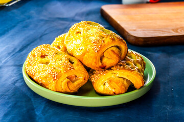 Puff pastry pie with salmon. Pastry. Salmon. Food concept.
