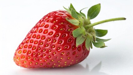 A single ripe, red strawberry with a green leaf, isolated on a white background, is a fresh, sweet fruit object