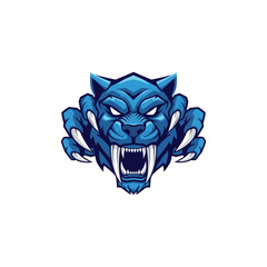 A blue stylized tiger head with sharp claws and teeth, roaring aggressively on a white background.
