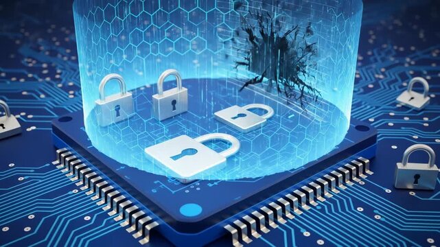 Cyber security system shows locks protected, breach visible on grid