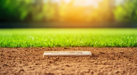 Baseball pitcher's rubber on a dirt mound with lush green grass and warm sunlight in background. Game day setting