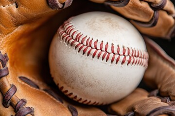 Baseball with red stitching sitting inside a worn brown leather glove, representing sport, game, and recreation