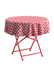 Gingham tablecloth on red folding table, isolated on black