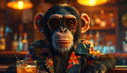 Chimpanzee in Hawaiian Shirt at a Bar