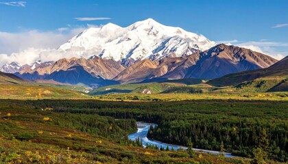 Snowy mountain peak above valley