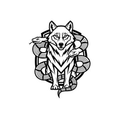 A stylized, black and white illustration of a wolf standing behind a shield, with two snakes wrapped around it.
