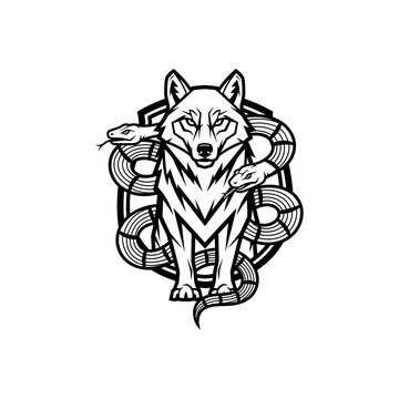 A stylized, black and white illustration of a wolf standing behind a shield, with two snakes wrapped around it.