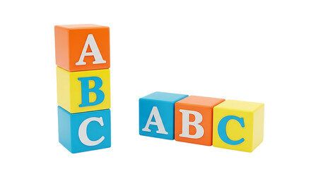 Colorful abc alphabet building blocks stacked and arranged on a pure white background isolated on white background
