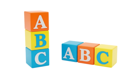 Colorful abc alphabet building blocks stacked and arranged on a pure white background isolated on white background