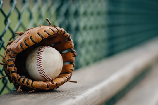 Classic baseball equipment resting on a wooden bench, with a chain link fence in the background, showing a quiet game moment