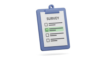 A detailed 3D illustration of a survey clipboard with completed checkboxes, symbolizing data collection, customer feedback, and market research on a white background