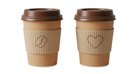 Two brown paper coffee cups with brown lids and cardboard sleeves one with a heart design isolated on white background