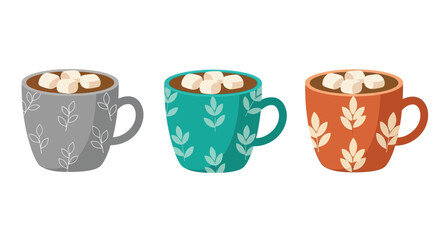 Three colorful mugs filled with hot chocolate and marshmallows displayed