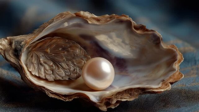 The rich beauty and inherent elegance of an open oyster shell are highlighted by a pearl nestled inside.