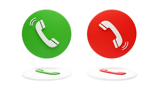 Two 3d rendered oval buttons with phone icons for answering and declining calls isolated on white background