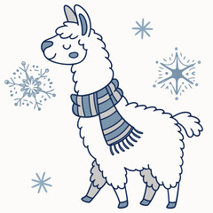 Whimsical Llama feeling Curious in a Cozy winter setting with with a scarf – colored in Frosty Winter