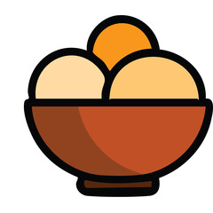 Simple illustration of three scoops of ice cream in a brown bowl with a black outline and shadow on a transparent background