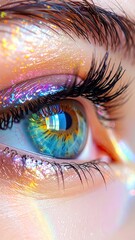 Closeup of a Colorful Eye with Glitter and Rainbow Reflection