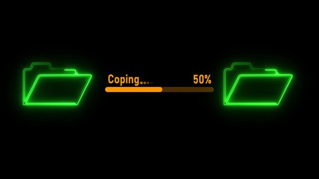 File transfer from computer folder to folder neon line animation Isolated on black background. copying file transfer with loading animation.