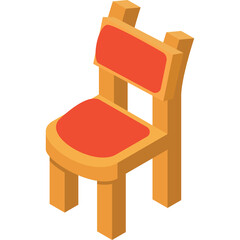 Simple Isometric Wooden Chair With Orange Seat and Backrest Isolated On White Background No Shadows...