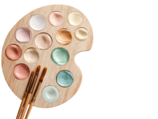 Makeup palette with various shades and brushes, wood grain
