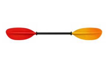 Kayak paddle with red and yellow blades, paddling equipment for water sports and outdoor activities