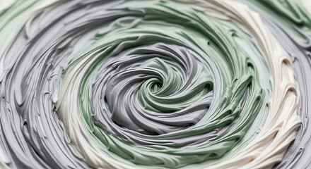 Mesmerizing Swirl of Muted Green, Grey, and White Pigment Creating an Abstract, Dynamic Textured Background with a Hypnotic Spiral Pattern for Artistic Design and Visual Compositions