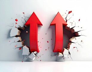 Red arrows breaking through a white wall (1)