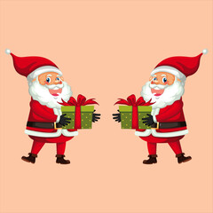 Two cheerful santa claus figures exchanging christmas gifts with red ribbons against a light peach background creating a festive holiday season illustration for cards and designs