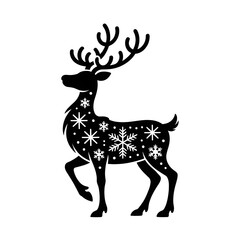  Christmas deer in a santa hat and scarf black silhouette illustration, vector jolly cartoon reindeer with a red nose and festive