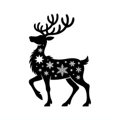  Christmas deer in a santa hat and scarf black silhouette illustration, vector jolly cartoon reindeer with a red nose and festive