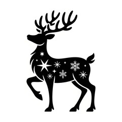  Christmas deer in a santa hat and scarf black silhouette illustration, vector jolly cartoon reindeer with a red nose and festive