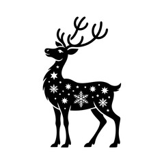  Christmas deer in a santa hat and scarf black silhouette illustration, vector jolly cartoon reindeer with a red nose and festive