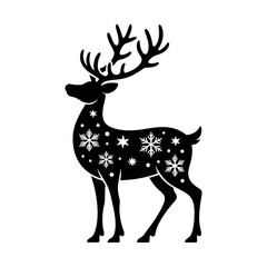  Christmas deer in a santa hat and scarf black silhouette illustration, vector jolly cartoon reindeer with a red nose and festive