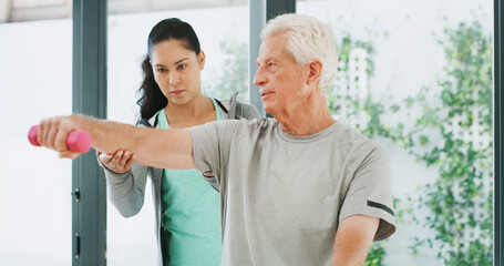 Physiotherapy, weights and woman with old man for mobility, rehabilitation and physical therapy. Healthcare, chiropractor and patient with dumbbells for stretching, muscle recovery and strength