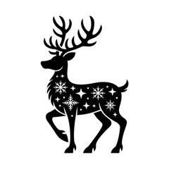  Christmas deer in a santa hat and scarf black silhouette illustration, vector jolly cartoon reindeer with a red nose and festive