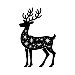  Christmas deer in a santa hat and scarf black silhouette illustration, vector jolly cartoon reindeer with a red nose and festive