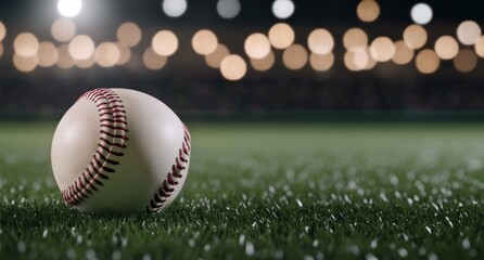 Baseball resting on a lush green grass field during a night game, with stadium lights creating bokeh in the background