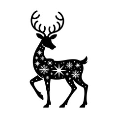  Christmas deer in a santa hat and scarf black silhouette illustration, vector jolly cartoon reindeer with a red nose and festive