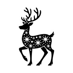  Christmas deer in a santa hat and scarf black silhouette illustration, vector jolly cartoon reindeer with a red nose and festive