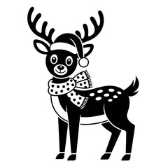  Christmas deer in a santa hat and scarf black silhouette illustration, vector jolly cartoon reindeer with a red nose and festive